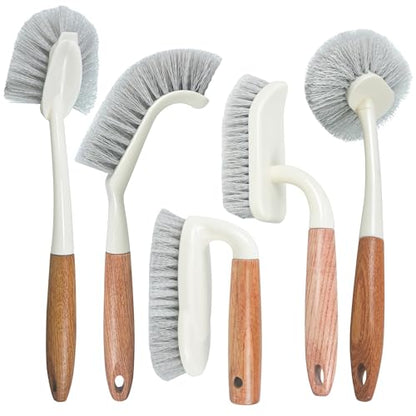 5-Pack Heavy Duty Scrub Brushes Set with Wooden Handles