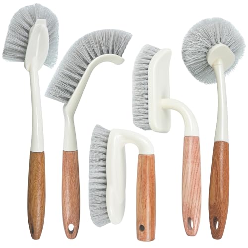 5-Pack Heavy Duty Scrub Brushes Set with Wooden Handles
