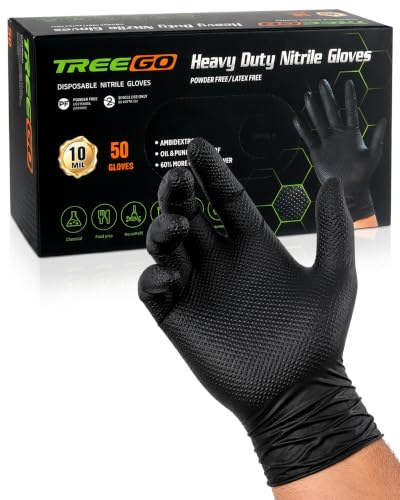 TREEGO 10 Mil Heavy Duty Black Nitrile Mechanic Gloves, 50 Count M - color: Black 50, size: Medium