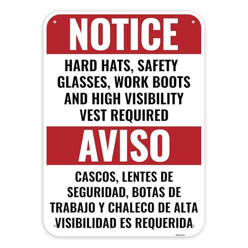 1PC Construction Signs, 14 x 10 Inches - Aluminum - Danger Area Under Construction Safety Site Signs For Jobsites - Bilingual Spanish - color: HH SG WB HVV Required