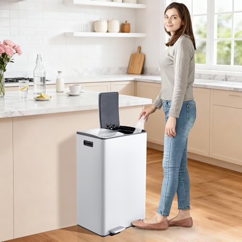 Garvee 16 Gal Dual Compartments Kitchen Trash Can, Stainless Steel, White - color: White, size: 30L+30L