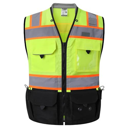 JKSafety Hi-Vis Unisex Surveyor Safety Vest Heavy Duty PPE Inner Pockets ANSI/ISEA Compliant - color: 188-yellowblack, size: Small
