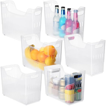 Qunclay 6 Plastic Freezer Organizer Bins with Wheel Set Clear Tall Narrow Kitchen Pantry Organizer Snack Storage Containers for Office Refrigerator(3 Sizes) - size: 10 x 13.3 x 3.5/5.5/6.7 inches