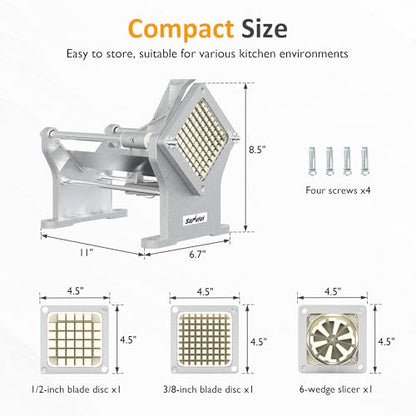 Sunvivi Commercial French Fry Cutter, Heavy Duty Potato Slicer with 3 Replaceable blades (1/2, 3/8 Inch, 6-wedge Slicer), Professional Fries Cutter for Restaurant & Home Kitchen, Stainless Steel - size: Large-Horizontal