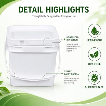 DEMORA 68oz Food Grade Square Plastic Bucket with Lid, Airtight Storage Container, Reusable Pail for Kitchen Food Water Ice Cream Household Use (White, 6Pcs) - color: White