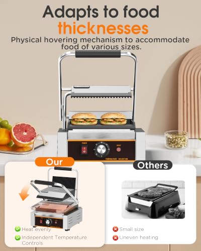 Commercial Panini Press - 1800W Electric Panini Sandwich Grill w/Nonstick Coating & Adjustable Temp, Panini Grill Press w/ 9"x9" Cooking Pan (Grooved Top & Flat Bottom), Double-sided Heating - style: 9"x9" Grooved top, flat bottom