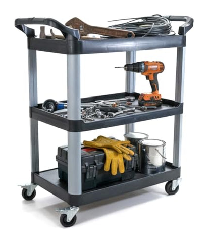 Commercial Heavy-Duty Utility Service Cart | 3 Shelf | | 450 Lbs Max Capacity | Rolling Utility Cart W 33" x H 37" x D 16" Black