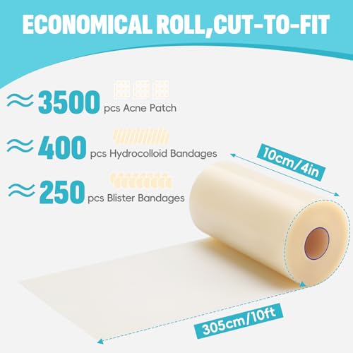 Hydrocolloid Roll(4in x 10ft) for Wound Care – Cut-to-Size, Extra Large Hydrocolloid Patch Tape Bandages with Self-Adhesive – Waterproof Dressing for First Aid, Acne, Burns, Blisters - size: 4in x 10ft