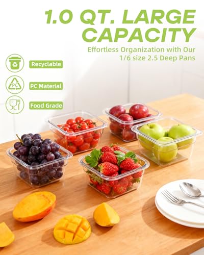 6 Pack Food Pan with Lids,1/6 Size Shatterproof Stackable Plastic Hotel Food Pan for Party, Catering, Home kitchens Meal Prep,-40°F to 212°F (1.62QT(1.53L), 1/6 size 4" deep) - size: 1/6 size 4" deep