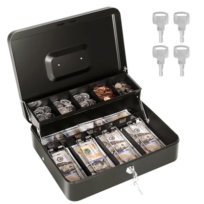 Cash Box with Money Tray and Lock, Metal Money Box for Cash Register 4 Keys - color: Black