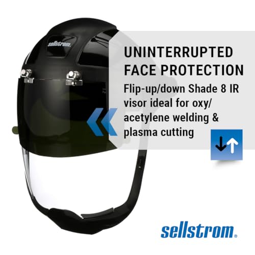 Sellstrom DP4 Face Shield - Lightweight Mask with High Impact Crown & Ratchet Headgear for Work, Grinding, Plasma/Flame Cutting - ANSI Z87.1 - Clear Anti Fog Polycarbonate Window - UV/IR Flip Up Visor - style: Shade 8 Infrared Visor W/ Chinguard
