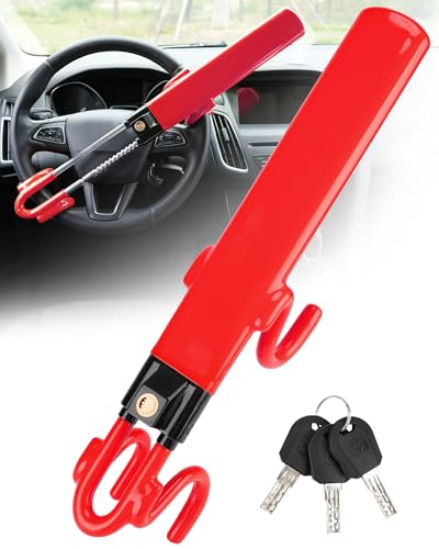 Tevlaphee Steering Wheel Lock Anti-Theft Car Device Heavy Duty Security Car Lock Antitheft Locking Devices Great Deterrent Adjustable Car Wheel Lock Anti Theft for Vehicle Truck SUV with 3 Keys (Red) - color: Red