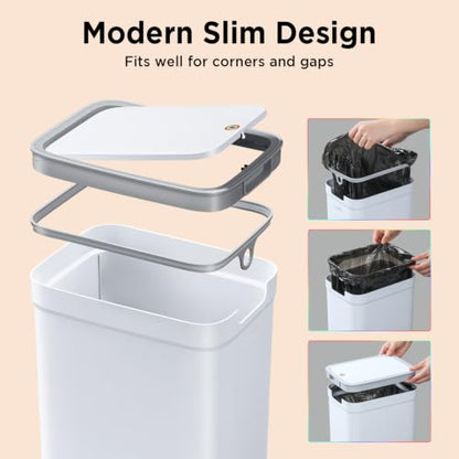 funest 2 Pack Slim Wall Mount Trash Can with Lid, No Drill Hanging Small Garbage Bin for Bathroom Kitchen, Dual Use Floor Standing Narrow Odor Block Press Top Waste Basket for RV Office Bedroom