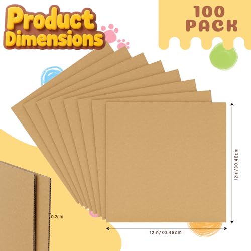 100 Pack 12x12 Inch Flat Corrugated Cardboard Sheets - 0.07 Inch Thick Square Thin Cardboard Padding Inserts for Crafts, Mailers, Box Dividers, Drawing & DIY Projects - size: 12" x 12"