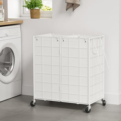WOWLIVE Double Laundry Hamper with Wheels, Metal Rolling Laundry Basket - color: White, size: 120l