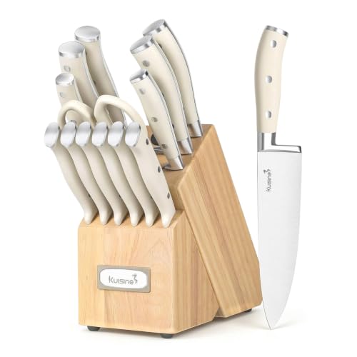 KUISINE Upgraded Knife Set High Carbon Stainless Steel Ultra Sharp Blade Ergonomic Handle,Knife Block Set with Built-in Sharpener(Ivory Acacia,15PCS) - color: Ivory Pro H