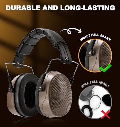 PROHEAR 038 Ear Protection Safety Earmuffs for Mowing, 28dB Noise Reduction Passive Hearing Protector, Compact Foldable Headset for Shooting Construction Power Tools, Brown - color: Brown