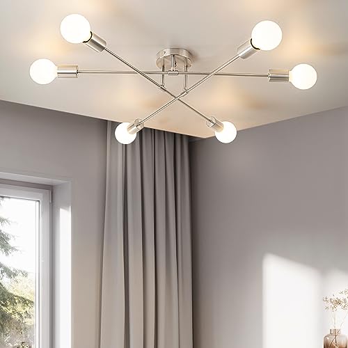 6-Light Modern Sputnik Chandeliers, Silver Mid Century Semi Flush Mount Ceiling Light Fixtures with E26 Base, Industrial Vintage Kitchen Farmhouse Light for Dining Room Bedroom Living Room - color: Silver