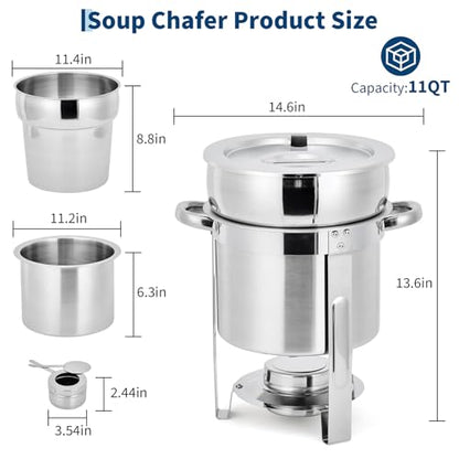 GarveeHome 11QT Soup Chafer Set of 4, Stainless Steel Round Soup Warmer with Pot, Notched Lids & Fuel Holders, Commercial Food Warmer for Buffets, Events and Party Service - color: Silver, size: 11QT-4 Pcs