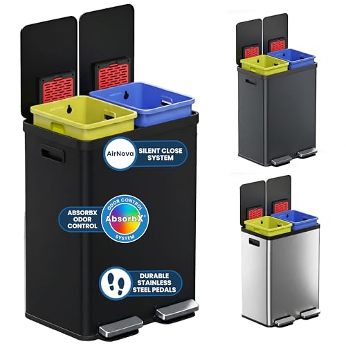 iTouchless 16 Gallon Dual Step Trash Can/Recycle Bin, 2 Odor Filters Incl - color: Matte Black, 16 Gal