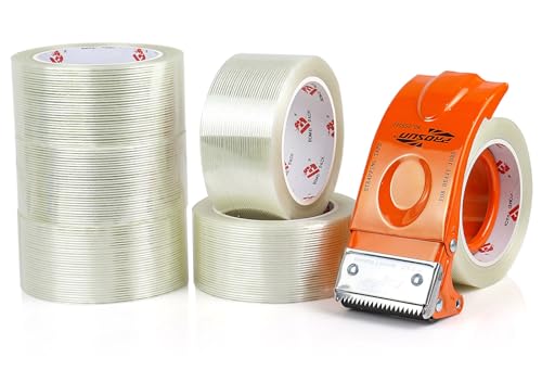BOMEI PACK Strapping Tape with Dispenser,6 Packs Mono Filament Tape 2 Inch x 30 Yards,Reinforced Fiberglass Packing Tape,Heavy Duty Transparent Strapping Tape for Shipping