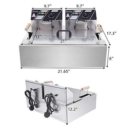 23.26QT 5000W Large Electric Deep Fryer with Baskets & Lids,Stainless Steel Commercial Fryer,Adjustable Temperature,Easy Clean,Countertop Kitchen Frying Machine,French Fries Donuts