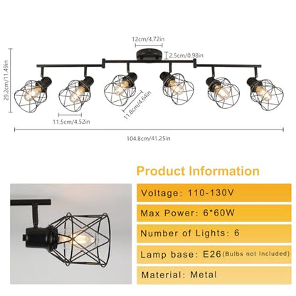 WILON Track Lighting Kit 6 Way Ceiling Spotlight-Industrial Flush Mount Ceiling Light Black Kitchen Ceiling Light Fixtures Kitchen Track Lighting Flexibly Rotatable Light Head E26 Base - color: Black, size: 6-Light-Cage