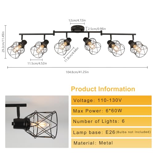 WILON Track Lighting Kit 6 Way Ceiling Spotlight-Industrial Flush Mount Ceiling Light Black Kitchen Ceiling Light Fixtures Kitchen Track Lighting Flexibly Rotatable Light Head E26 Base - color: Black, size: 6-Light-Cage