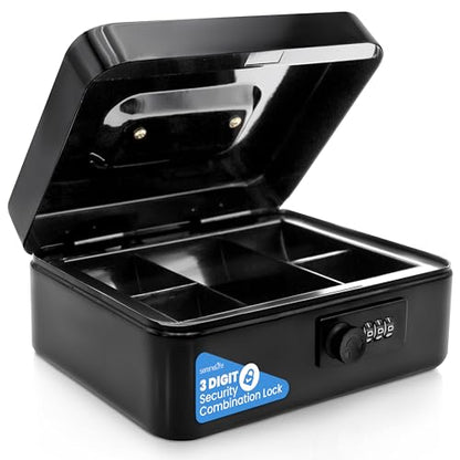 Serenelife 8" Metal Cash Box with Lock | Cash Safe Lock Box with Money Tray | 5 Lockable Drawers | Five Compartment Cash Tray | Storage for Valuables | Steel | Key Lock | 8" x 6.2" x 3.5" in | Black - color: Black