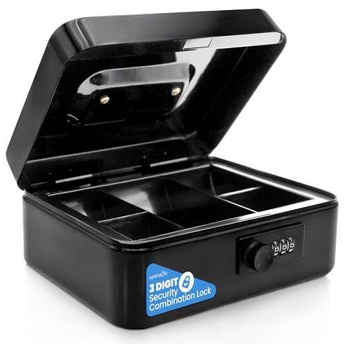 Serenelife 8" Metal Cash Box with Lock | Cash Safe Lock Box with Money Tray | 5 Lockable Drawers | Five Compartment Cash Tray | Storage for Valuables | Steel | Key Lock | 8" x 6.2" x 3.5" in | Black - color: Black
