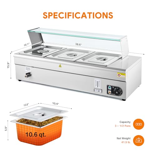 WILPREP 3-Pan Commercial Food Warmer with Sneeze Guard, Three 1/2 Pans, 1500W Countertop Electric Steam Table, 86-185°F Adjustable Temp Control, Stainless Steel Buffet Bain Marie - size: 1/2 pan*3