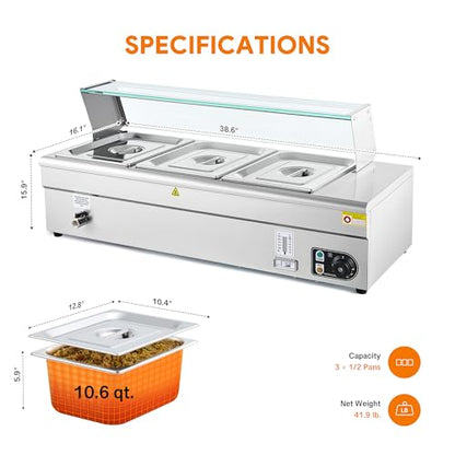 WILPREP 3-Pan Commercial Food Warmer with Sneeze Guard, Three 1/2 Pans, 1500W Countertop Electric Steam Table, 86-185°F Adjustable Temp Control, Stainless Steel Buffet Bain Marie - size: 1/2 pan*3