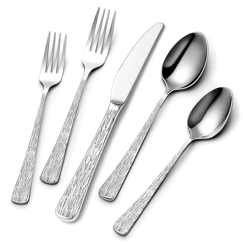 Yoehka 60Piece Hammered Silverware Set,Stainless Steel Flatware Set for 12 - style: 60Pcs Tree Pattern Handles