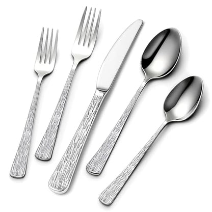 Yoehka 60Piece Hammered Silverware Set,Stainless Steel Flatware Set for 12 - style: 60Pcs Tree Pattern Handles