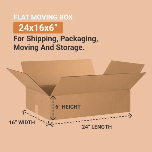 BOX USA 24166 Flat Corrugated Cardboard Box 24" L x 16" W x 6" H, Kraft, For Shipping, Packing and Moving (Pack of 20) - size: 24x16x6" (20-Pack)