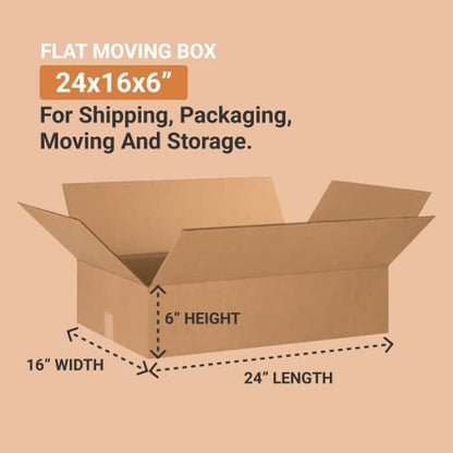 BOX USA 24166 Flat Corrugated Cardboard Box 24" L x 16" W x 6" H, Kraft, For Shipping, Packing and Moving (Pack of 20) - size: 24x16x6" (20-Pack)