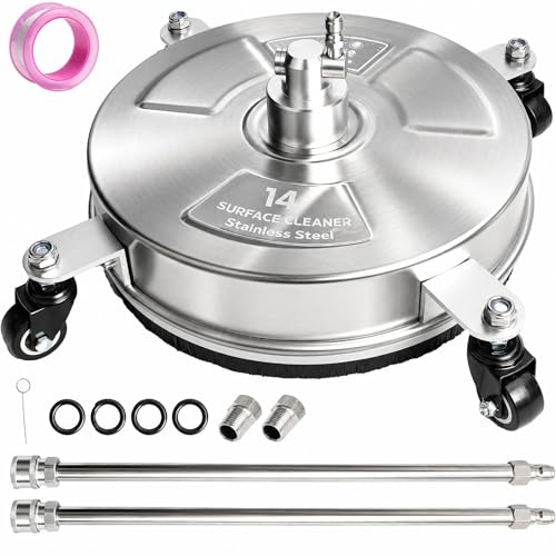 Hourleey 14" Pressure Washer Surface Cleaner, Stainless Steel Surface Cleaner with 4 Wheels for Concrete, Patio, Sidewalk, Deck, Pathway 1/4" Quick Connector, 2 Extension Wand, 4000 PSI - size: 14 Inch