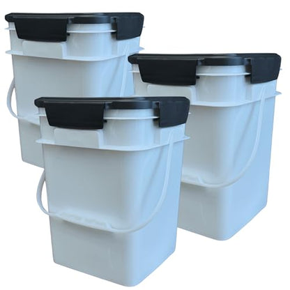 House Naturals 4 Gallon Square Food Grade Bucket Pail with Plastic Handles and Lid (Pack of 3) Made in USA containers (White - Black lids) - color: White - Black Lids