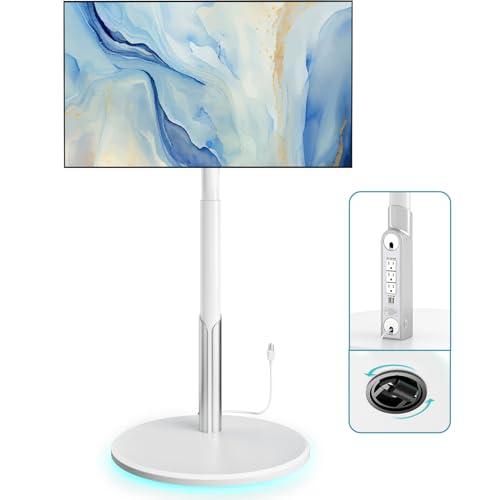Floor Mobile TV Stand with Power Outlet, Rolling TV Cart for 27-70 Inch OLED LED Monitors, 6 Levels of Height Adjustment, Ambient Lighting on The Bottom Wheels Holds up to 88lbs, 400x400mm - color: White