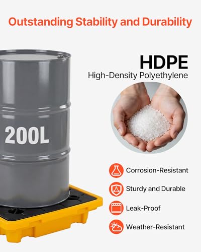 VEVOR Spill Containment Pallet, 1 Drum Low Profile Spill Containment Modular Platform, 11.4 Gallon Sump, 1543 lbs Load Capacity, Heavy-Duty Polyethylene Tray with Drain, 26.4" x 26.6" x 5.9", Yellow