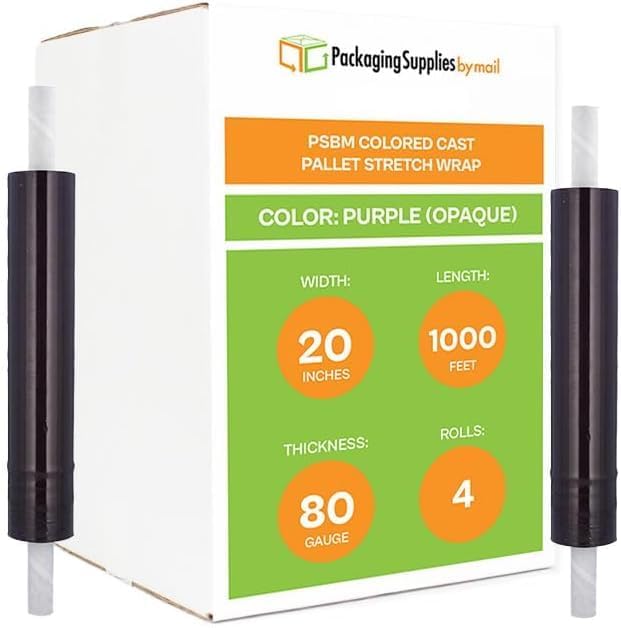 PSBM 4 Rolls Purple Stretch Film/Wrap with Handles 20 Inch x 1000 Feet 80 Gauge, Heavy Duty Industrial Strength Shrink Plastic Wrap for Moving, Packing, Shipping, Pallet Wrapping & Storage - size: 4 Rolls, style: Purple