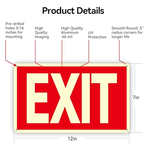Exit Sign -2 Pack Glow in the Dark Exit Signs Aluminum 12x7 Inch – Photoluminiscent, Laminated for Ultimate UV, Weather & Fade Resistance , Indoor & Outdoor for Business, School, Office, Warehouse,fire exit sign