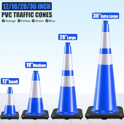 6 Pack 18" Inch Blue PVC Traffic Cones with Heavy-Duty Base, High-Visibility All-Weather Safety Cones for Road Construction, Parking Lot, and Garage Use (6, Blue, 18" Medium) - color: Blue, size: 18" Medium