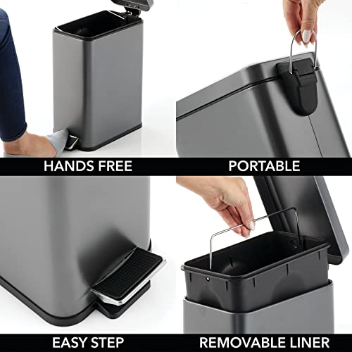 mDesign Pedal Bin — Waste Bin with Pedal, Lid and Plastic Bucket Insert for Bathroom, Kitchen, and Office — Metal Household Rubbish Bin with Ergonomic Design — Dark Grey - color: Graphite Gray, size: 2.6 Gallon