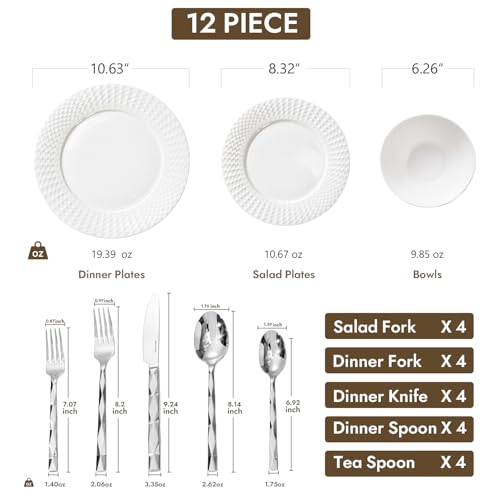 KINGSTONE 32Pc Bone China Dinnerware & Silverware Set, for 4 - color: White-Rhombus, size: service for 4-32pcs