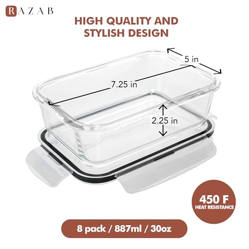 Razab 16 Pc (Set of 8) 30 Oz Glass Meal Prep Containers with Lids, Airtight Large Glass Food Storage Containers, Reusable Leak Proof BPA Free, Freezer to Oven and Dishwasher Safe - color: Black