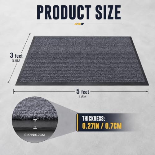 Commercial Floor Mat 2Pcs 3'x5' Grey Heavy Duty Rubber Entrance Rug - size: 3 x 5 feet - 2 Pack