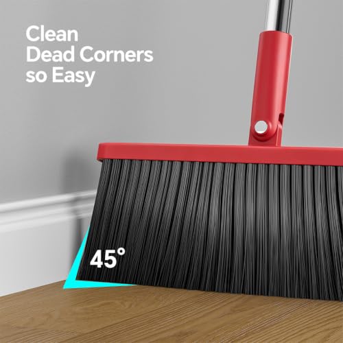 Broom and Dustpan Set, 52" Long Handle with Dust Pan Teeth, Red - color: Black & Red
