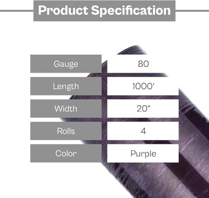 PSBM 4 Rolls Purple Stretch Film/Wrap with Handles 20 Inch x 1000 Feet 80 Gauge, Heavy Duty Industrial Strength Shrink Plastic Wrap for Moving, Packing, Shipping, Pallet Wrapping & Storage - size: 4 Rolls, style: Purple