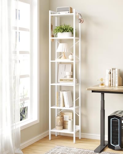 Hzuaneri Bookshelf, Book Shelf, Industrial Bookcase with 2 Hooks - color: White, size: 9.4"D x 15.4"W x 72.8"H
